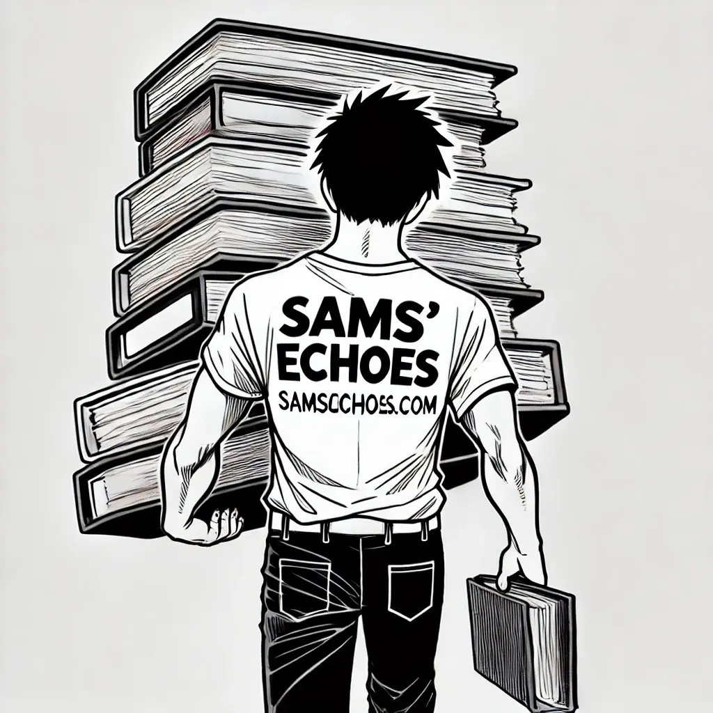 DALL·E 2025-03-02 23.13.32 - A black-and-white manga-style drawing of a young man lifting a heavy pile of five folders V2 (1)