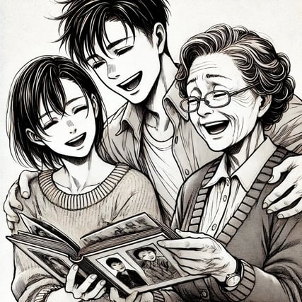 DALL·E 2025-03-03 11.05.20 - A black-and-white manga-style drawing of a young man and woman laughing with their grandmother while looking at old family photo albums together. The