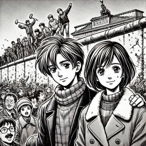 DALL·E 2025-03-03 16.01.40 - A black-and-white manga-style drawing of Sam and Sama, two young characters, attending the fall of the Berlin Wall in 1989. Sama has brown, shoulder-l