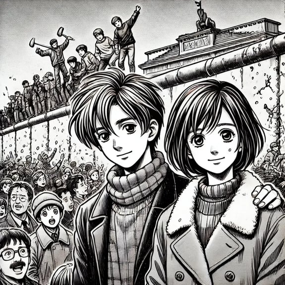 DALL·E 2025-03-03 16.01.40 - A black-and-white manga-style drawing of Sam and Sama, two young characters, attending the fall of the Berlin Wall in 1989. Sama has brown, shoulder-l